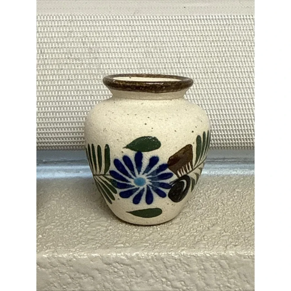Set of 3 Vintage Tonala Mini Pottery Bud Vases Hand Painted Flowers-Mexico
